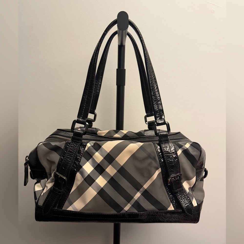Burberry Black Beat Check Nylon and Patent Leather Buckle Satchel